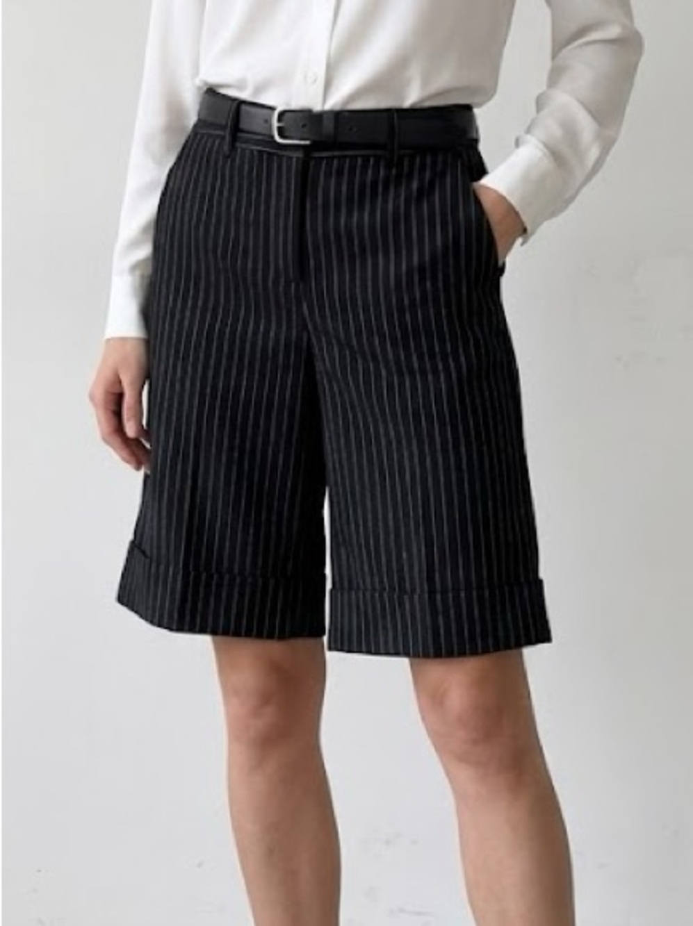 INC Black Pinstriped High Rise Midi Shorts 6